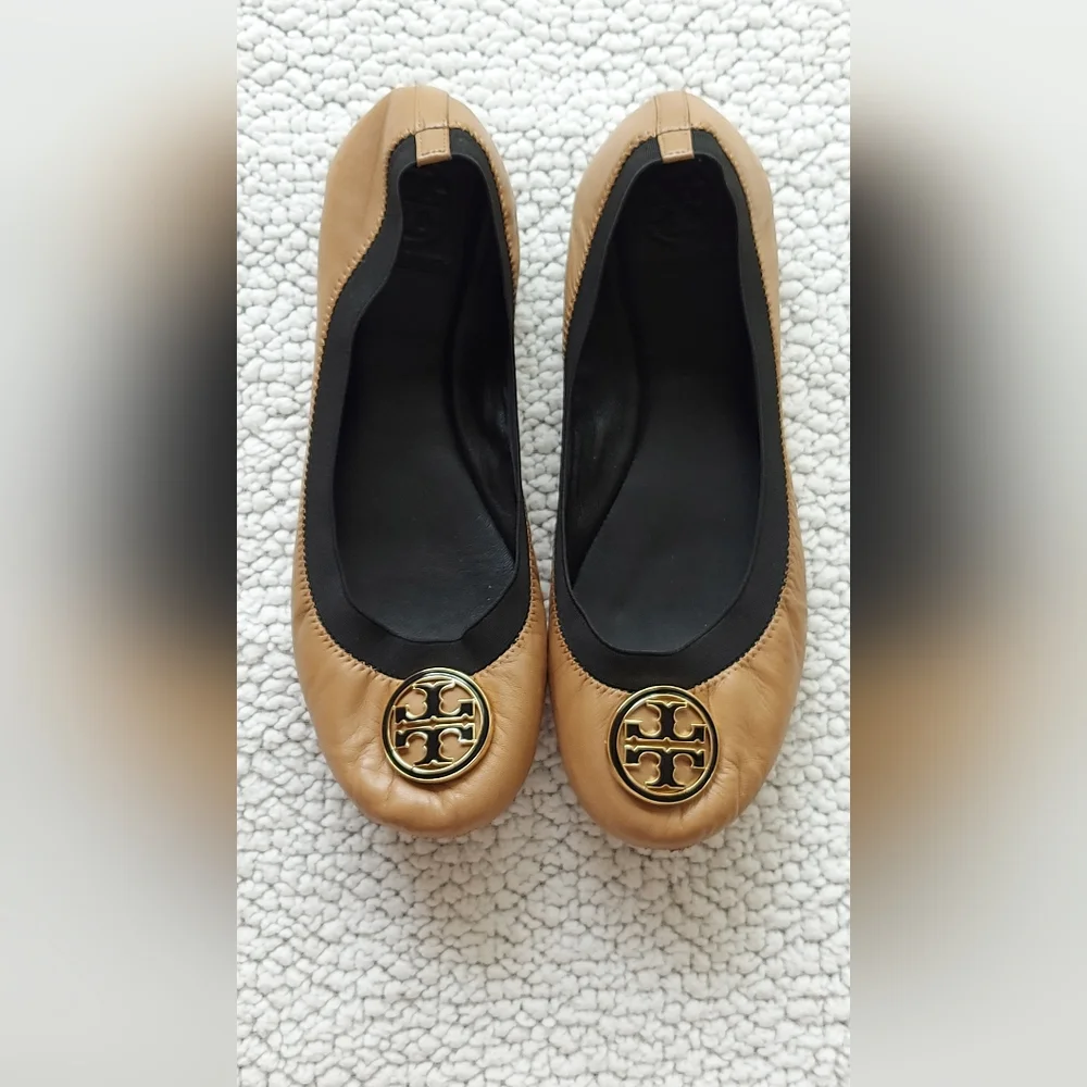Tory Burch Camel Leather Logo Ballet Flats with Gold Emblem